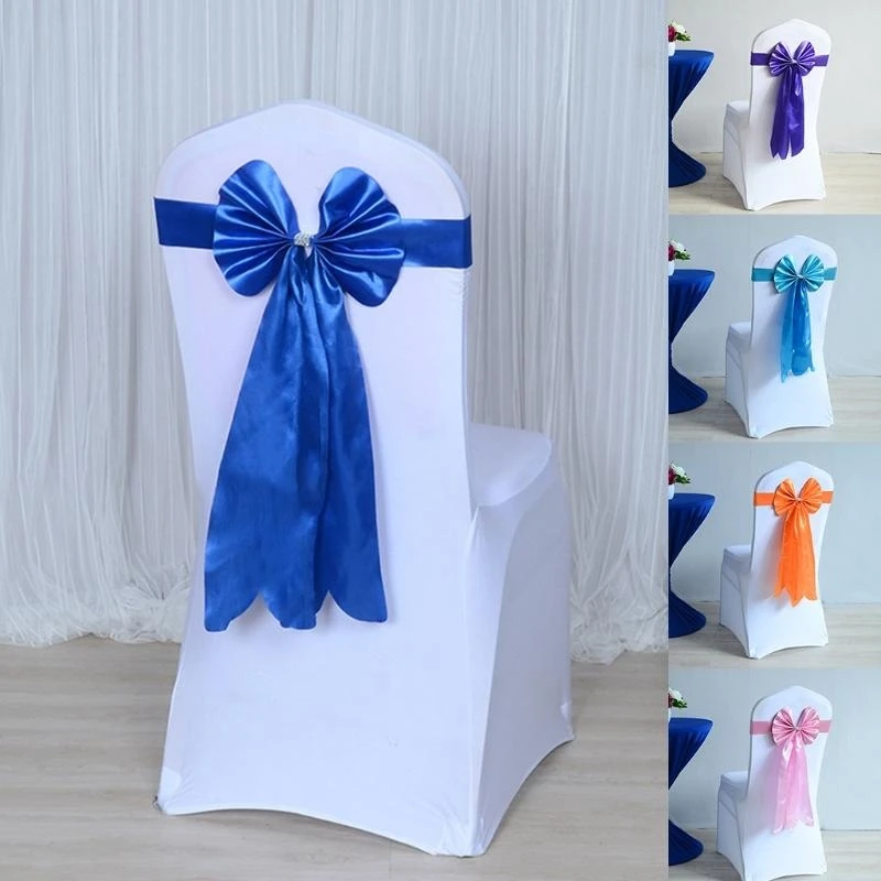 Satin Wedding Chair Sash Slider with Long Tail Ribbon for Butterfly Bow Tie for Rhinestone Buckle Band Banquet Party Dec