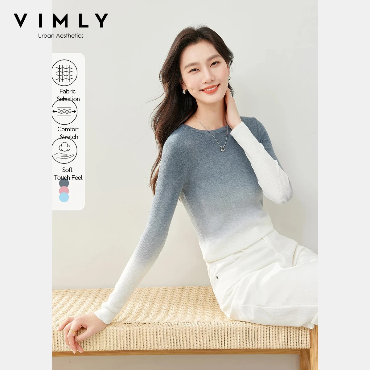 

VIMLY Elegant Gradient Knit Sweater Women 2025 Autumn Commute Slim Fit Pullovers High-Stretch Long Sleeve Female Tops 73366