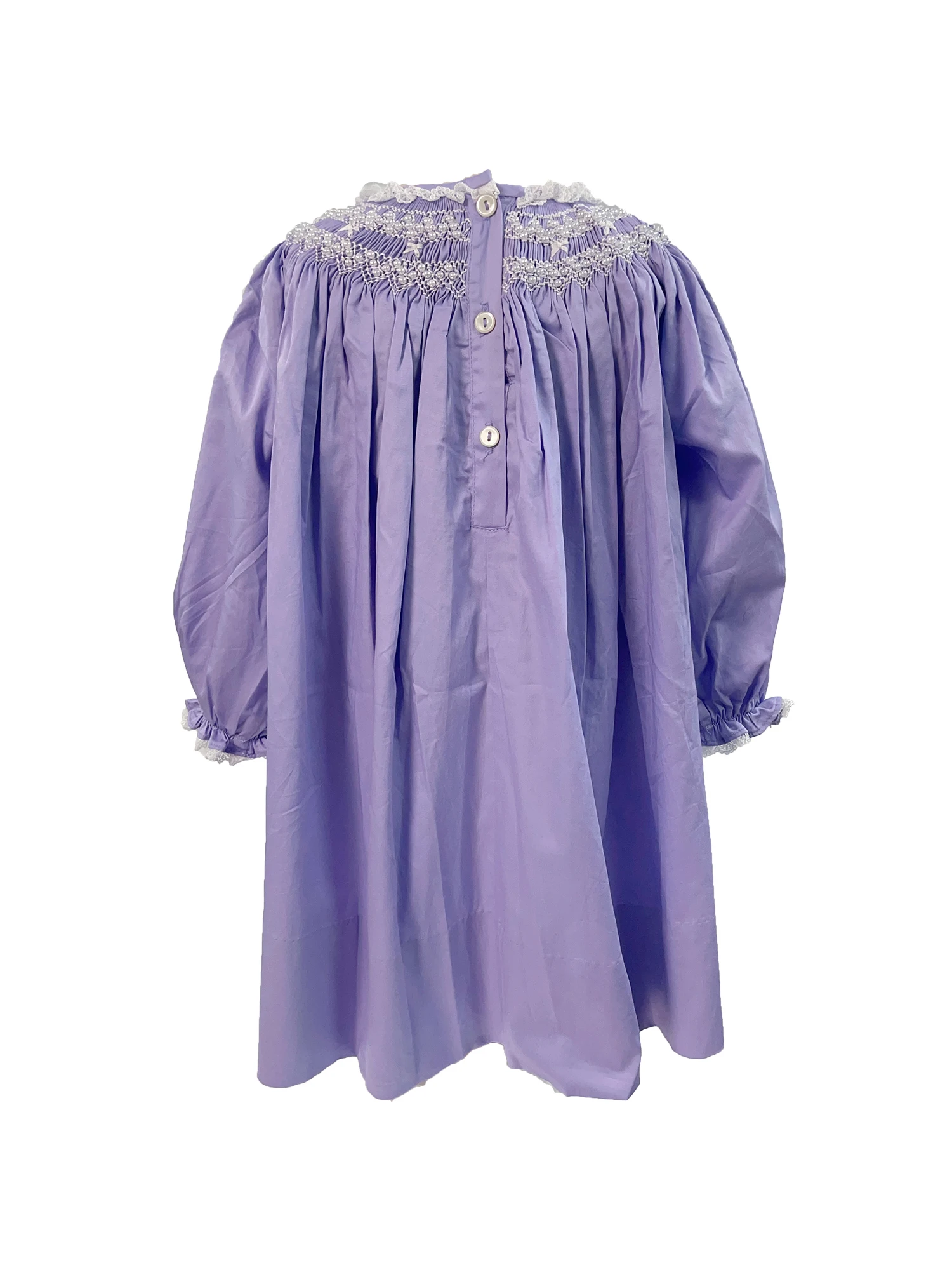 Girls Handmade Smocking Purple Satin Dress Pure Cotton Handmade Embroidery Beaded Long Sleeves and Short Sleeves Princess Dress