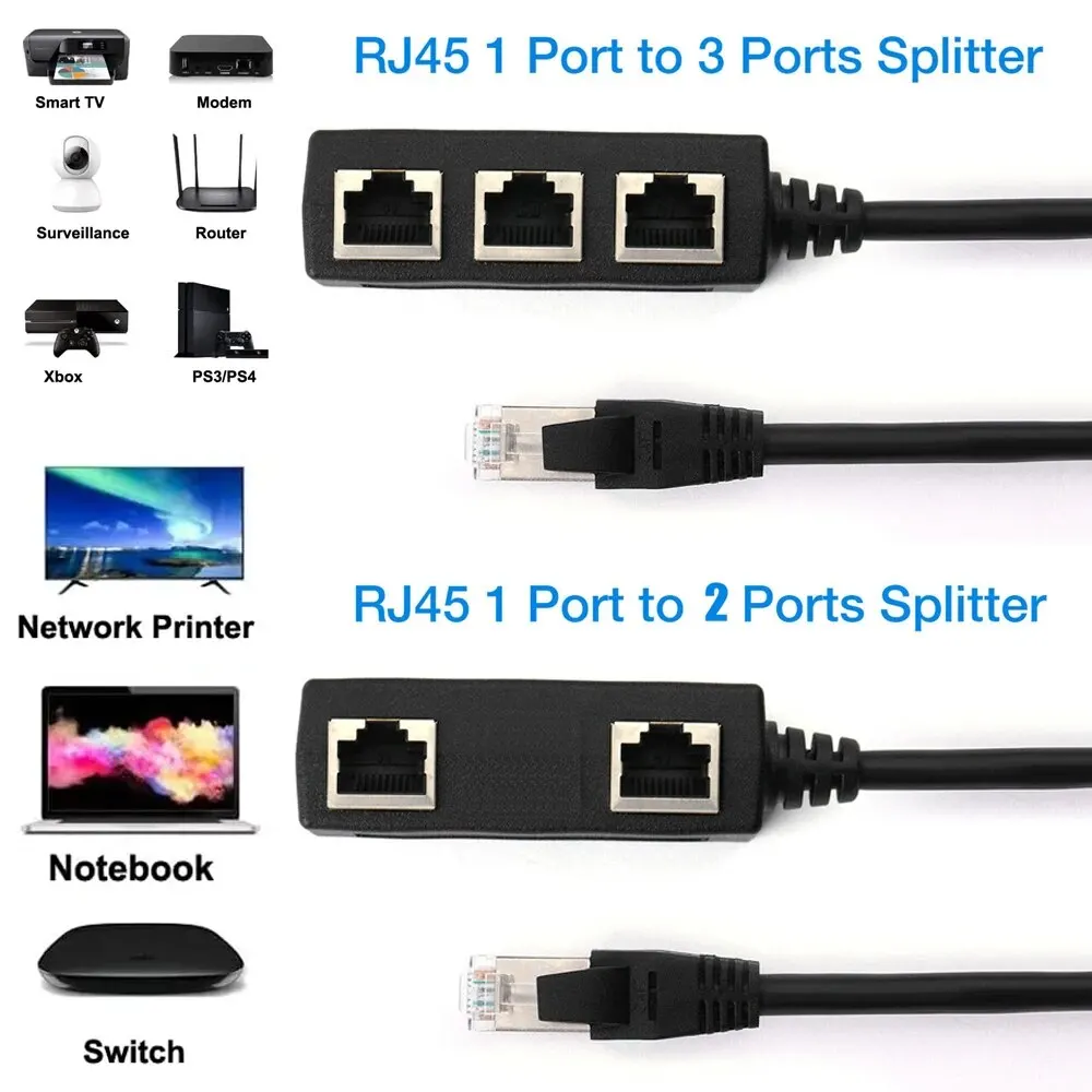 RJ45 1 to 2 / 1 to 3 Ways Splitter Connector Network Adapter Cat5 Cat6 Cat7 LAN Ethernet Cable for Networking Extension