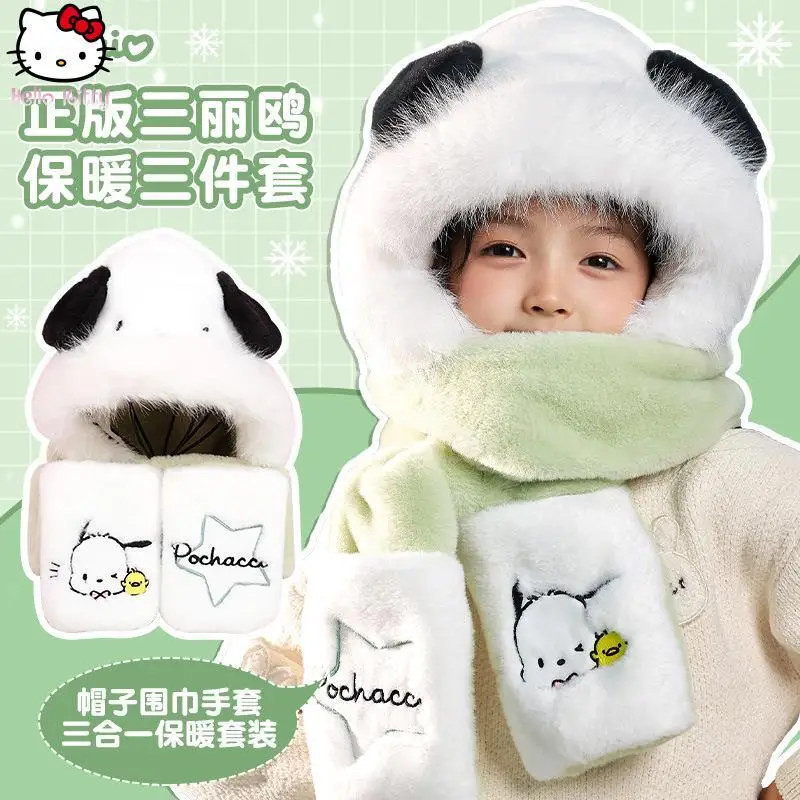 

Sanrio детские зимние перчатки Kuromi Hello Kitty, защита ушей, утепленная шапка, шарф, теплая шапка с большими ушками в стиле аниме для девочек