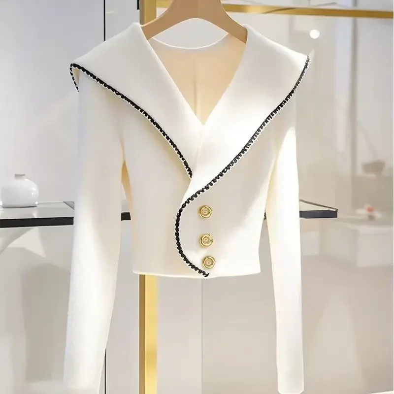 

High end White Navy Collar Knitted Cardigan Women Clothing Autumn New Korean Chic Unique Slimming Short Sweater Women Tops