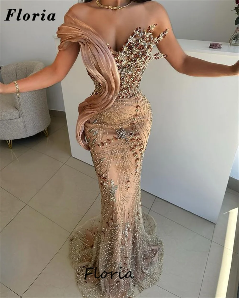 

Champagne Mermaid Evening Dresses Luxury Beading Crystals Women Prom Dress Vestidos De Gala Wedding Party Gowns Engagement Dress