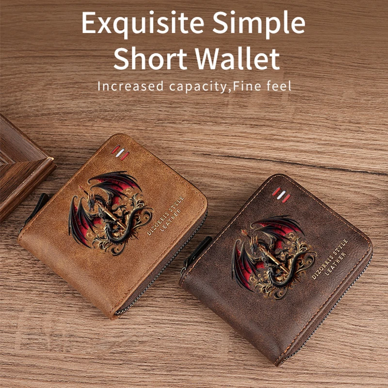 Dragon Men's Vintage Short Wallet Trifold Zipper Coin Purse Casual Buckle Waist Chain Money Bag Zero Wallet for Students Gift
