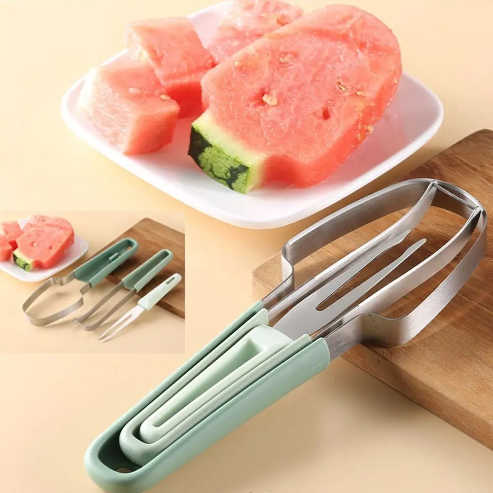 

3-in-1 Watermelon Fork Slicer Cutter Multi-purpose Stainless Steel Fruit Cutting Tools Convenient Kitchen Gadgets Camping