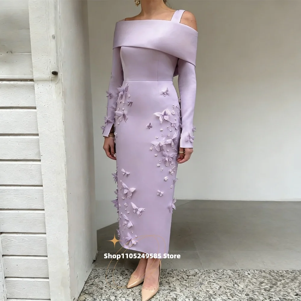 Jasnoróżowa, elegancka sukienka dla matki panny młodej/pana młodego, z motywem motyla, długie rękawy, sukienki dla gości weselnych, szyte na miarę.