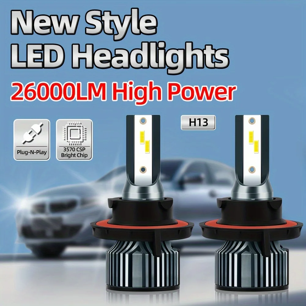 2pcs Plug-N-Play Bulbs H13 LED Car Headlights, High Low Beam All In One, 6500K White 26000LM High Power, 300M Exposure Distance