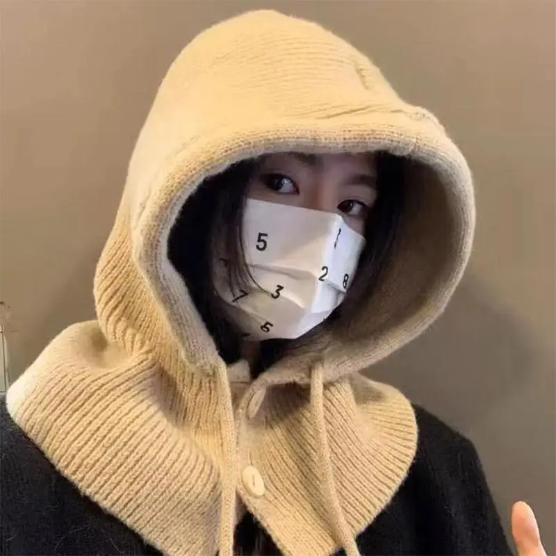 Winter Balaclava Hut Warme Gestrickte frauen Kapuze Hut Einfarbig Hals Pullover Kappe Outdoor Kaschmir Kappen