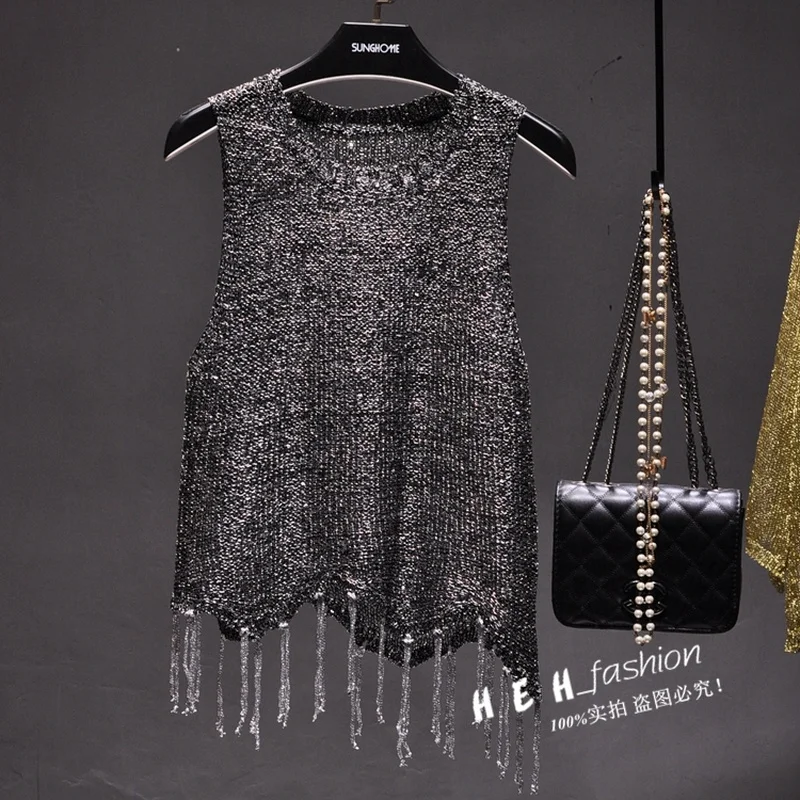 Sexy Shiny Gold Silver Knitted Tank Tops Women Bling Bling Sequined Tassels Knitted Vest  All Neon Store Clothes  Korean