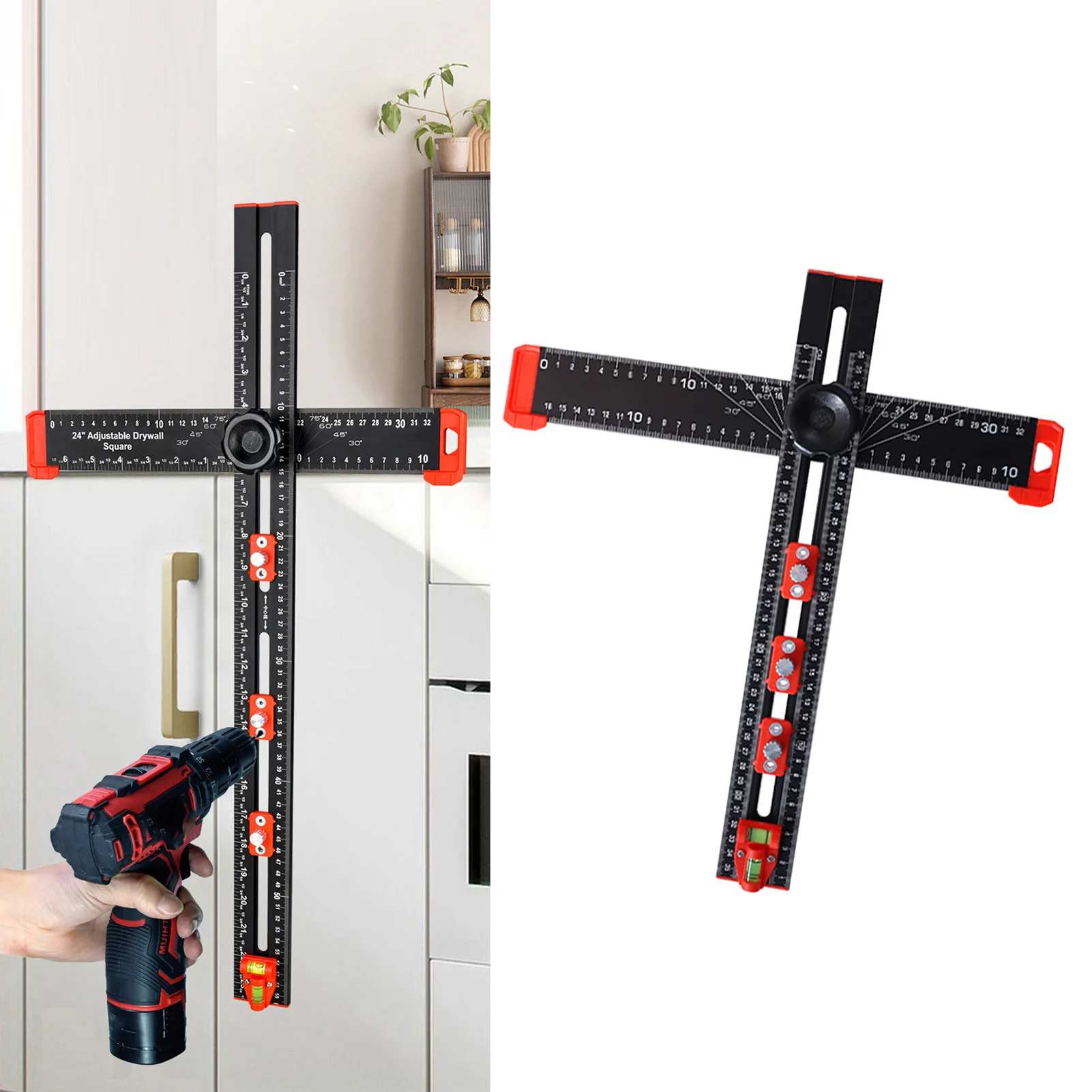 Drilling Positioning Ruler Metric English Scale T Type Multi Angle Measuring Ruler with 3 Sliders Biaxial Bubble Level