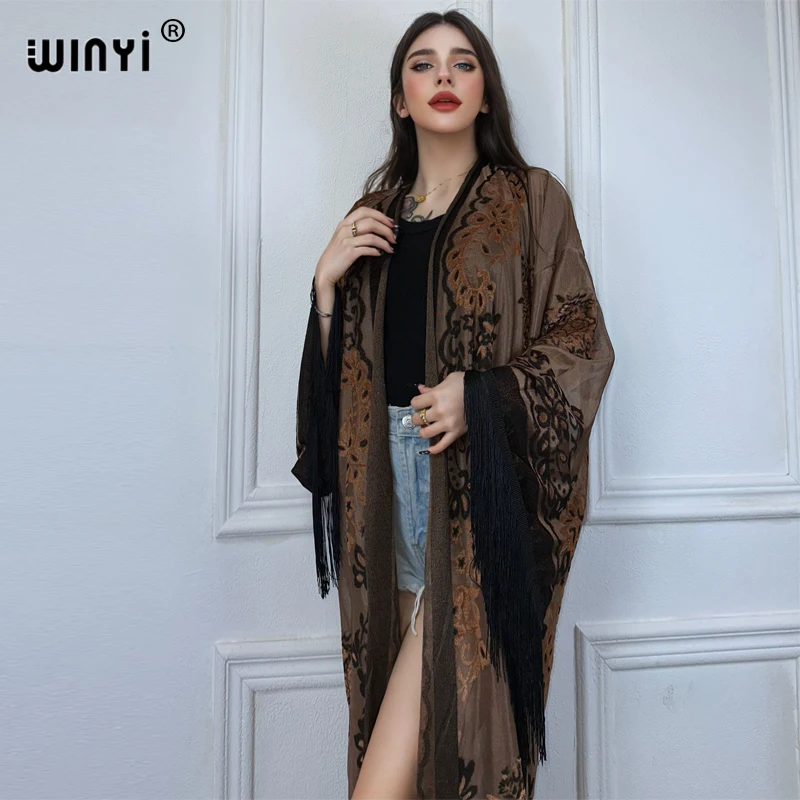 WINYI Africa Kimono Personality perspective tassel cardigan for woman beach outfit kaftan beach cover up evening dress maxi coat