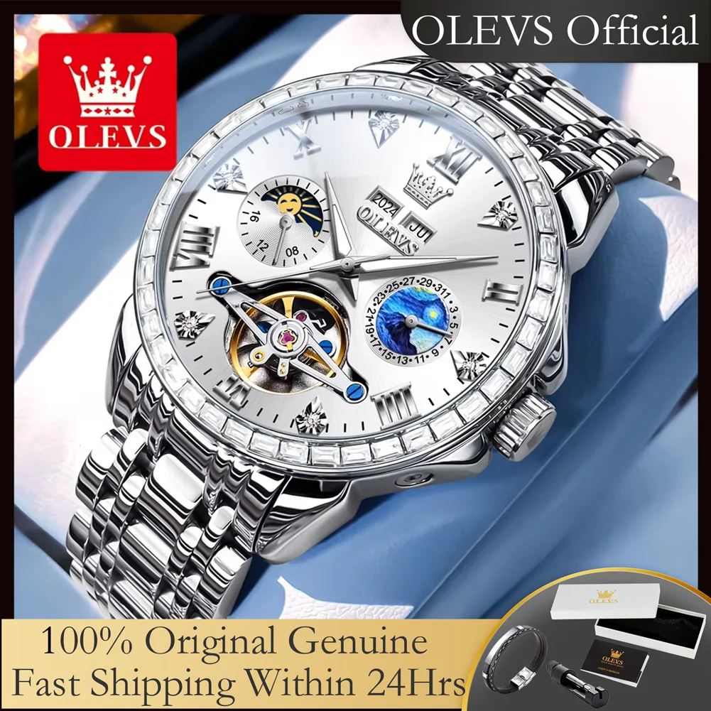 OLEVS 6712 Automatic Man Watch Luxury Skeleton Flywheel Dual Calendar Moon Phase Waterproof Diamond Bezel Mechanical Watches Men