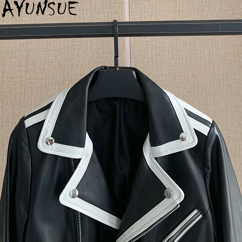 AYUNSUE 100% ของแท้Sheepskinหนังสตรีแฟชั่นรถจักรยานยนต์หนังแจ็คเก็ตเสื้อผ้าผู้หญิง 2025 ฤดูใบไม้ร่วงAbrigo Mujer