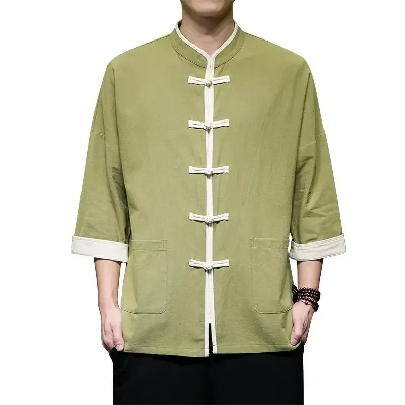 Chemise en lin de coton rétro pour hommes, bouton chinois adt, manches trois quarts, tang imbibé, chemisiers Kung Fu, grande taille, printemps, automne, 4 documents