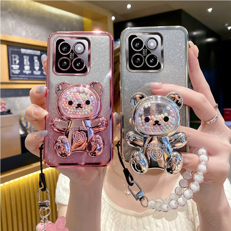 Mi14 Flower Strap Bear Phone Holder Case On For Xiaomi Mi 14 Pro Ultra Mi14Pro Mi14Ultra Stand Cover