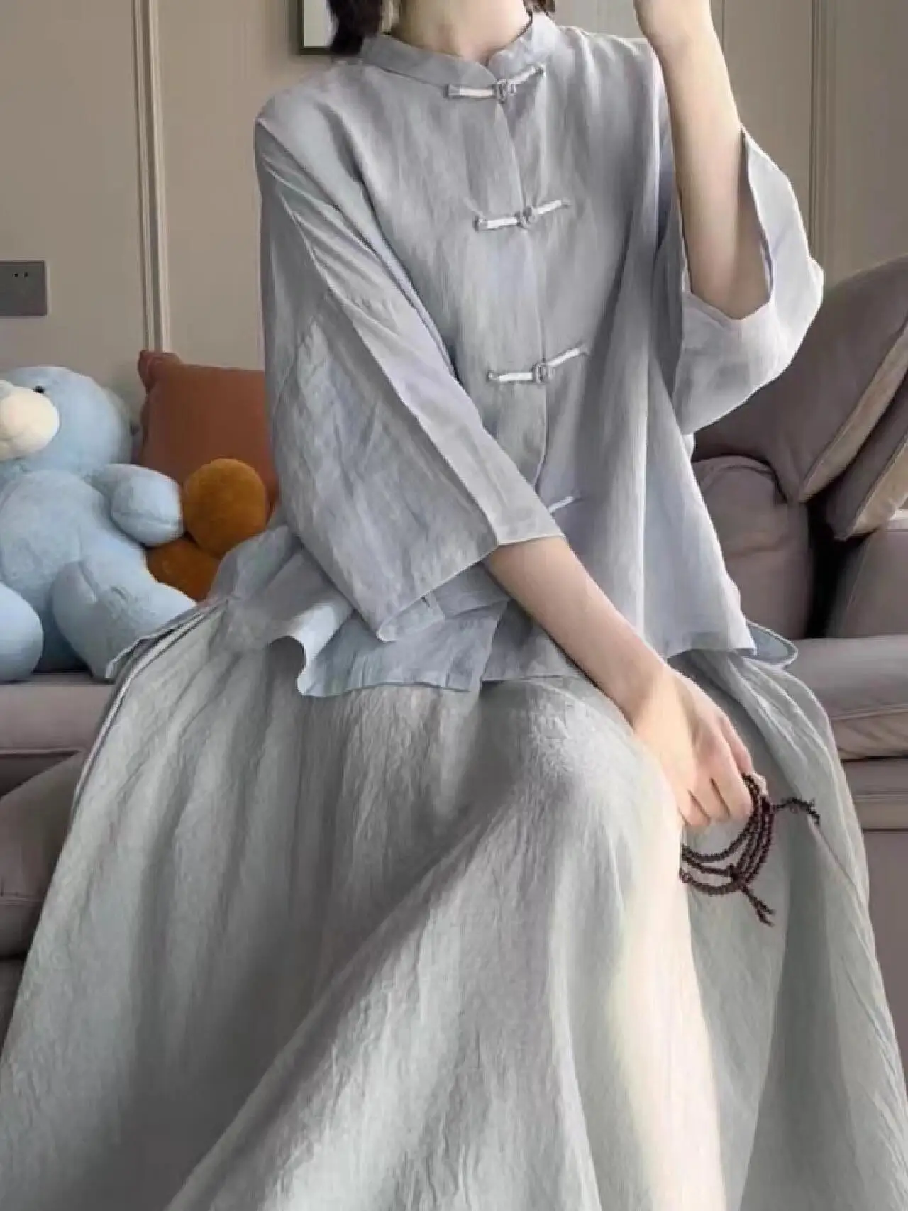Healing Zen Style Cotton Linen Set Women's Fashion Summer Collection Loose Fit Batwing Sleeve Stand Collar Single Button