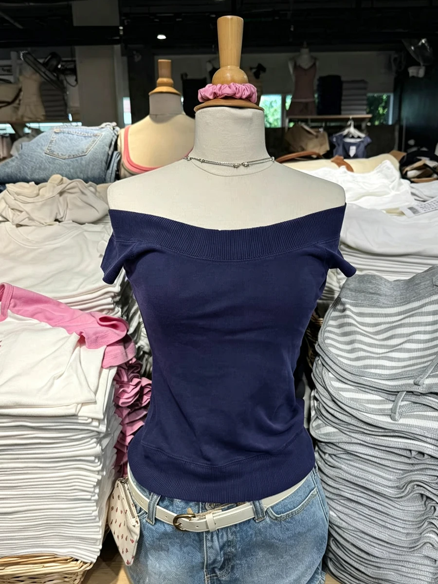Vintage Navy Slim T-shirt Woman Summer Sexy Slash Neck Short Raglan Sleeve Cotton Tee Tops Casual Sweet Preppy Style Tshirts New