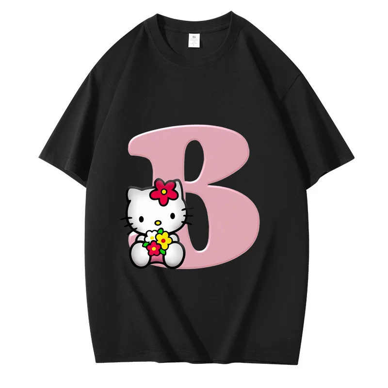 Hello Kitty Letter A B C D Children Black T-Shirt Fashion Tee Shirts Cartoons Kid Casual Clothes Girl Boy Harajuku Tops Hot Sale