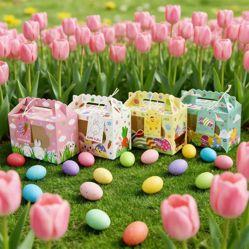 

12 шт. пасхальные тематические подарочные упаковочные коробки с ручками и прозрачным окном, держатель для конфет и шоколада, для