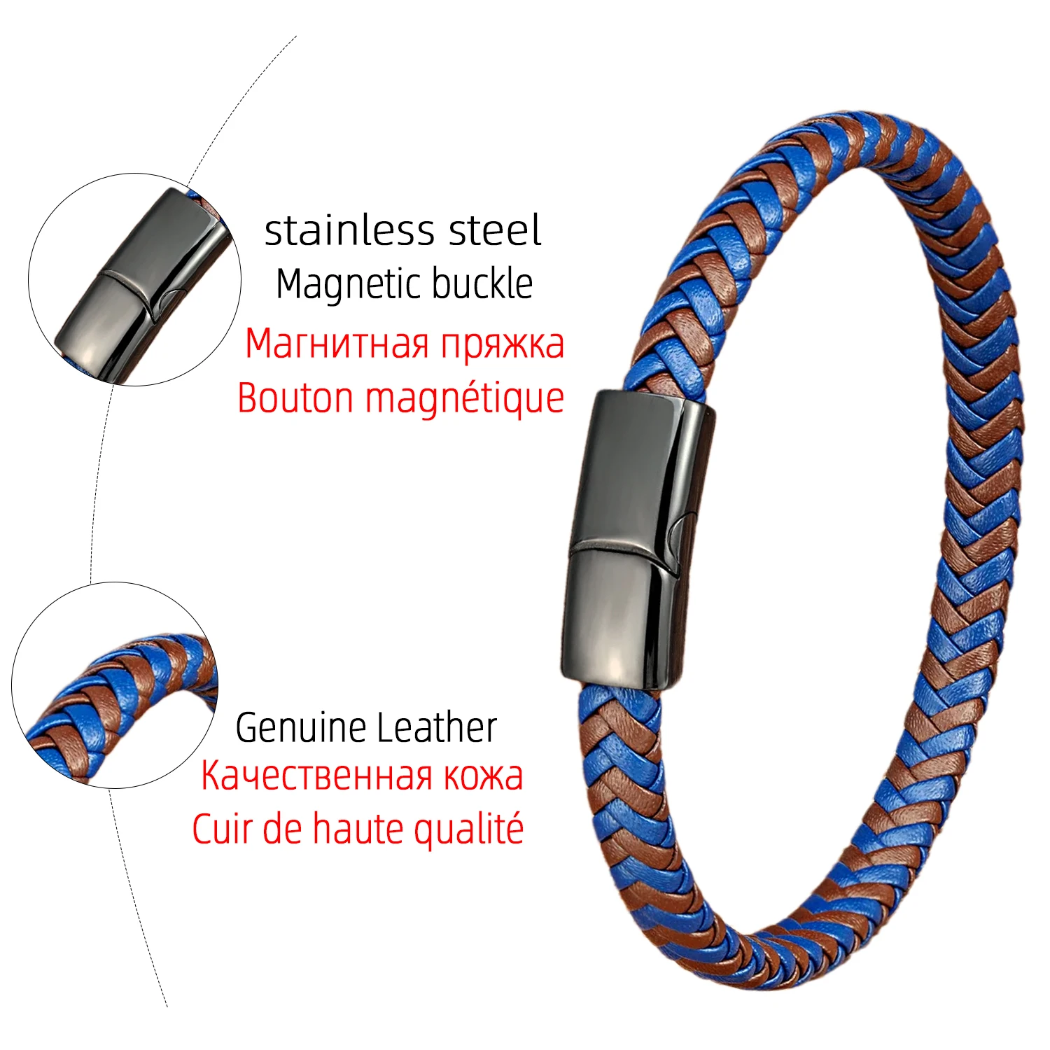 Klassisches Blau-Braunes Wickel-Lederarmband mit Geflochtenem Design, Charm, Edelstahl-Verschluss, Magnetisches Armband, Seil-Ketten-Armreif, Schmuck – Detail 7
