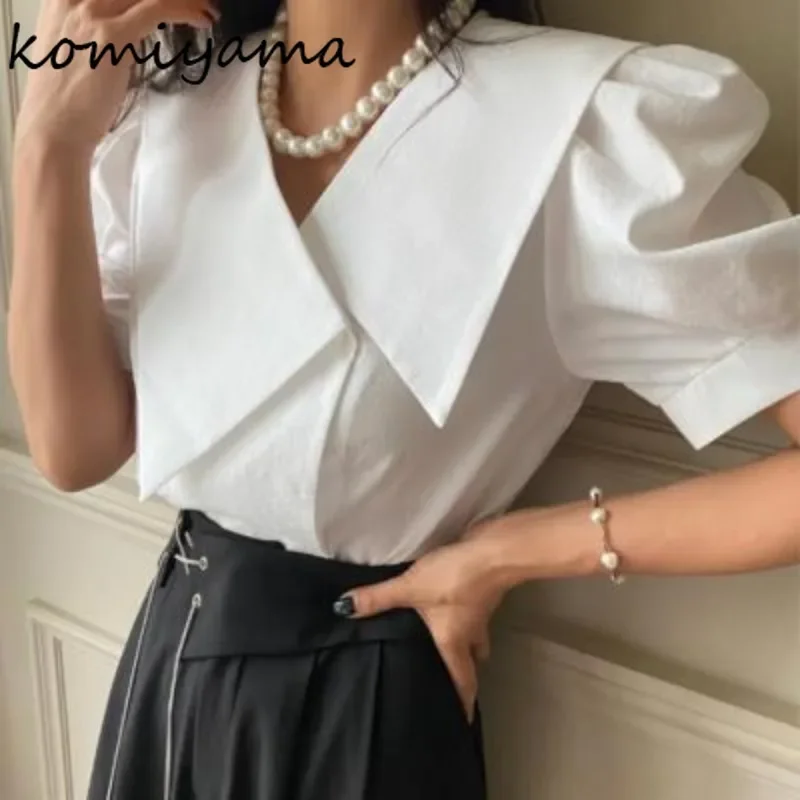 Irregular Lager Lapel Shirts & Blouses Korean Chic Ropa Mujer Puff Short Sleeve Blusas Elegant Camisas Summer 2024 New Tops