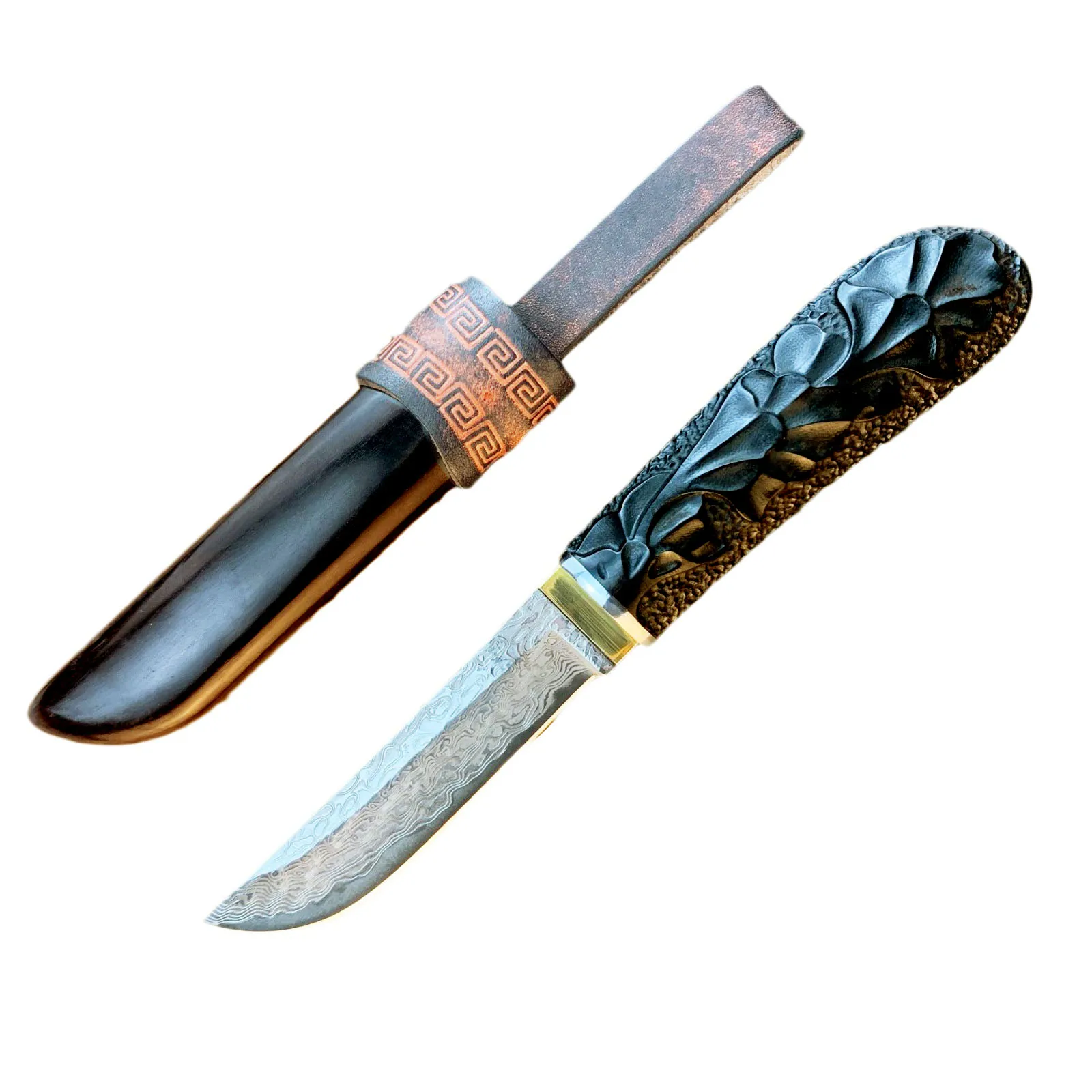 

VG10 Damascus Steel Fixed Blade Knife Handmade Carving Ebony Handle Hunting Tool Outdoor Camping Survival Knife with Scabbard