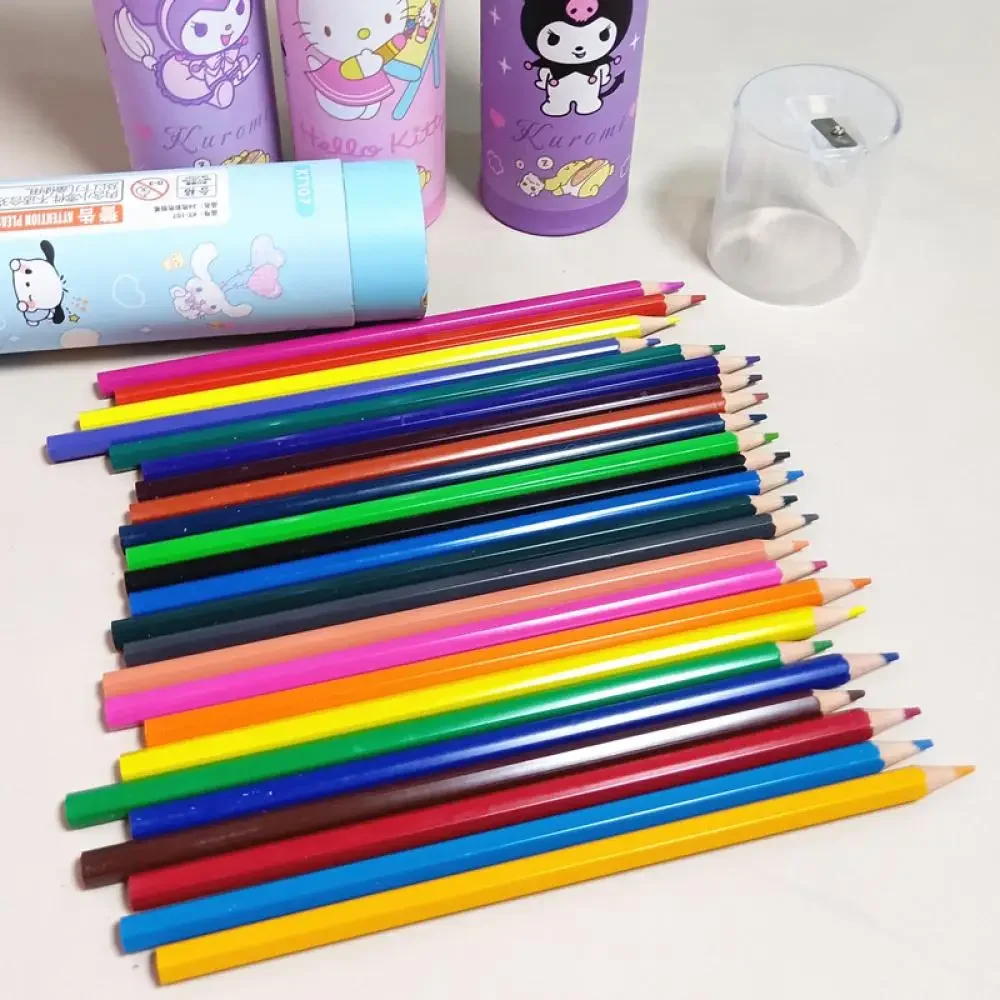 Sanrio 24 Colors Color Pencilsharpener Cute Kuromi Kt Student Painting Penholder Children Coloring Wooden Pencil School Supplies