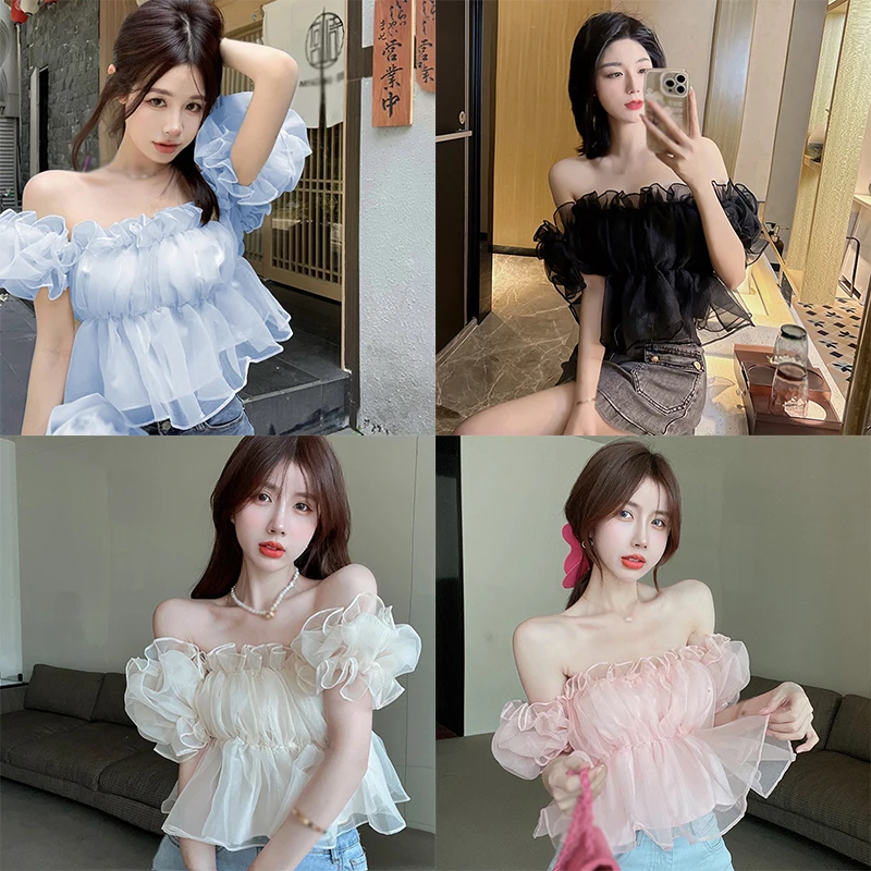 Woman Off Shoulder Bubble Sleeve Chiffon Shirt Girl New Solid Summer Shirt Loose Top Clothing