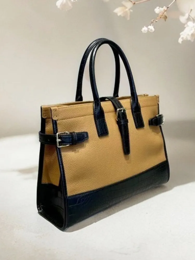 Mixed Colors Cowhide Genuine Leather Bag Office Ladies Work Large Capacity Totes Handbag Women New Designer Strap Shoulder Bag