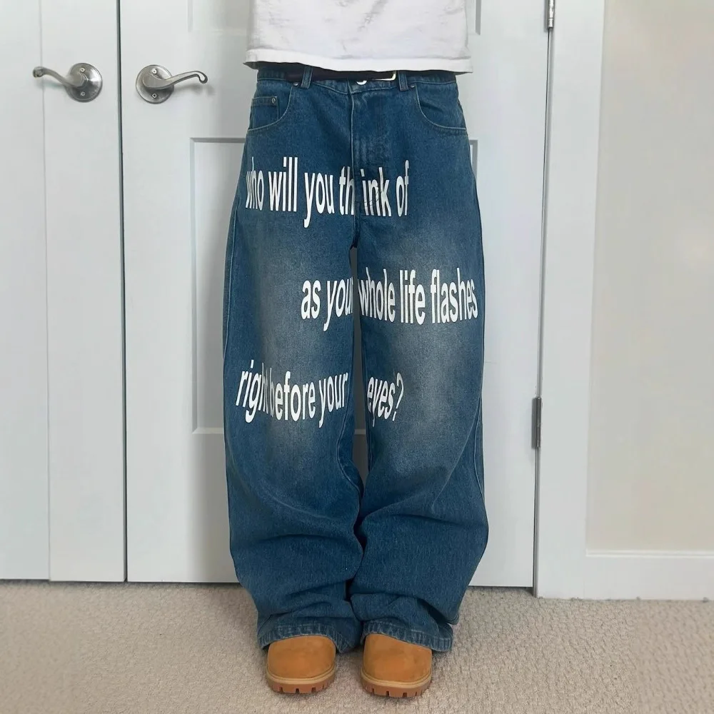 

Мужские джинсы с буквенным принтом в уличном стиле, американские повседневные модные брюки Y2K, весенне-осенние свободные джинсовые брюки в стиле Харадзюку