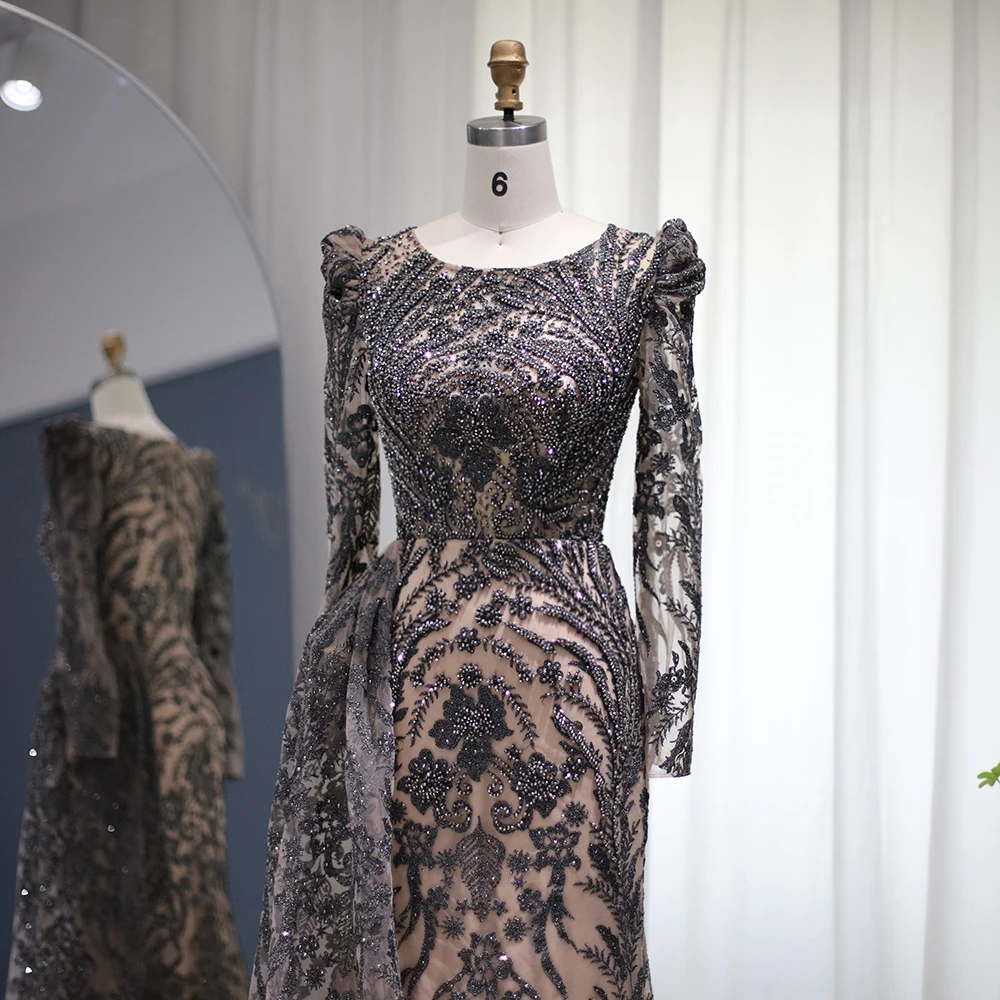 Sharon Said Dubai Schwer Kristallverziertes Übergrößen-Meerjungfrauenkleid in Braun mit Überrock für Damen, Formelles Abendkleid SS127 Maßanfertigung – Detail 11
