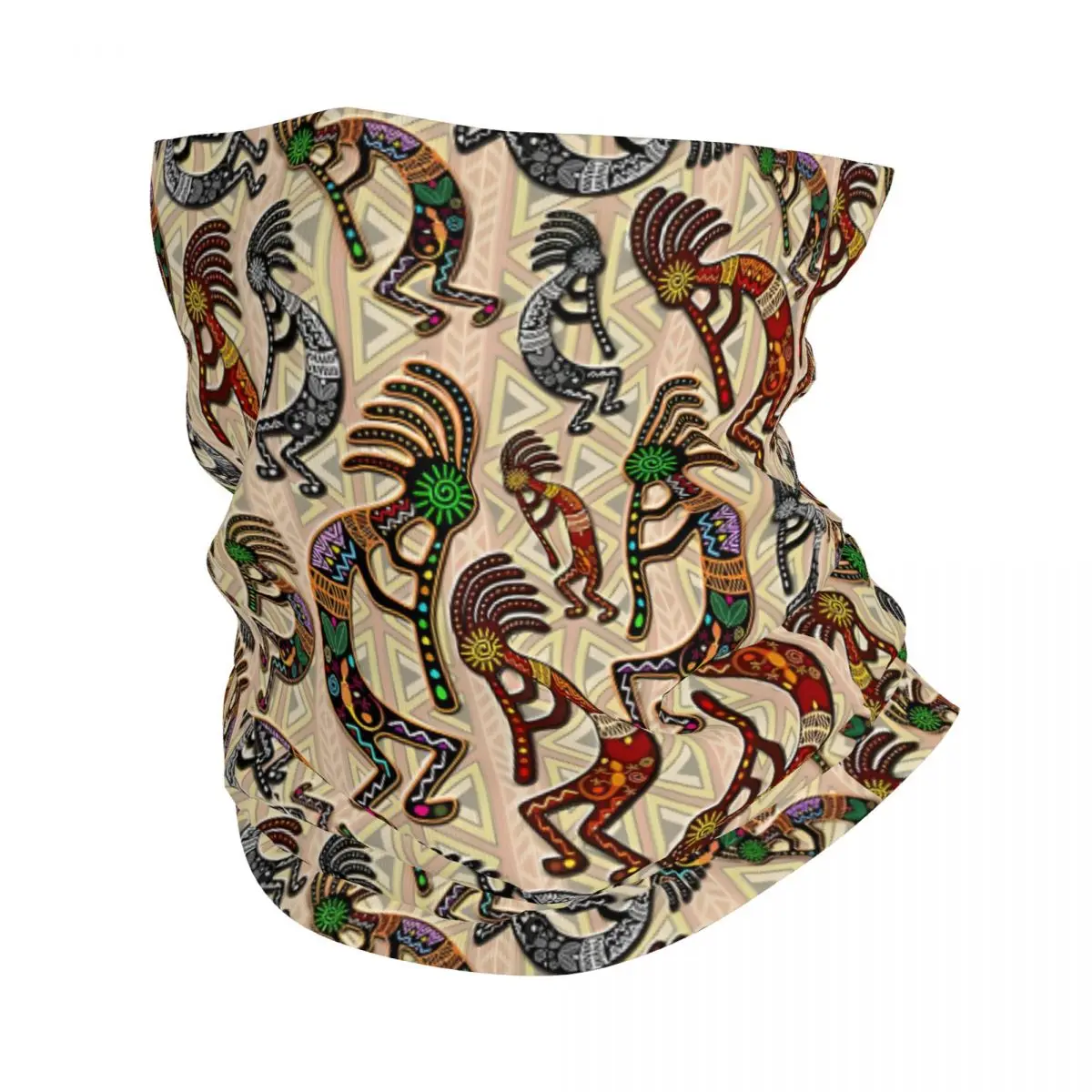 Kokopelli Rainbow Colors On Tribal Pattern Scarf Neckerchief Neck Face Mask Polyester