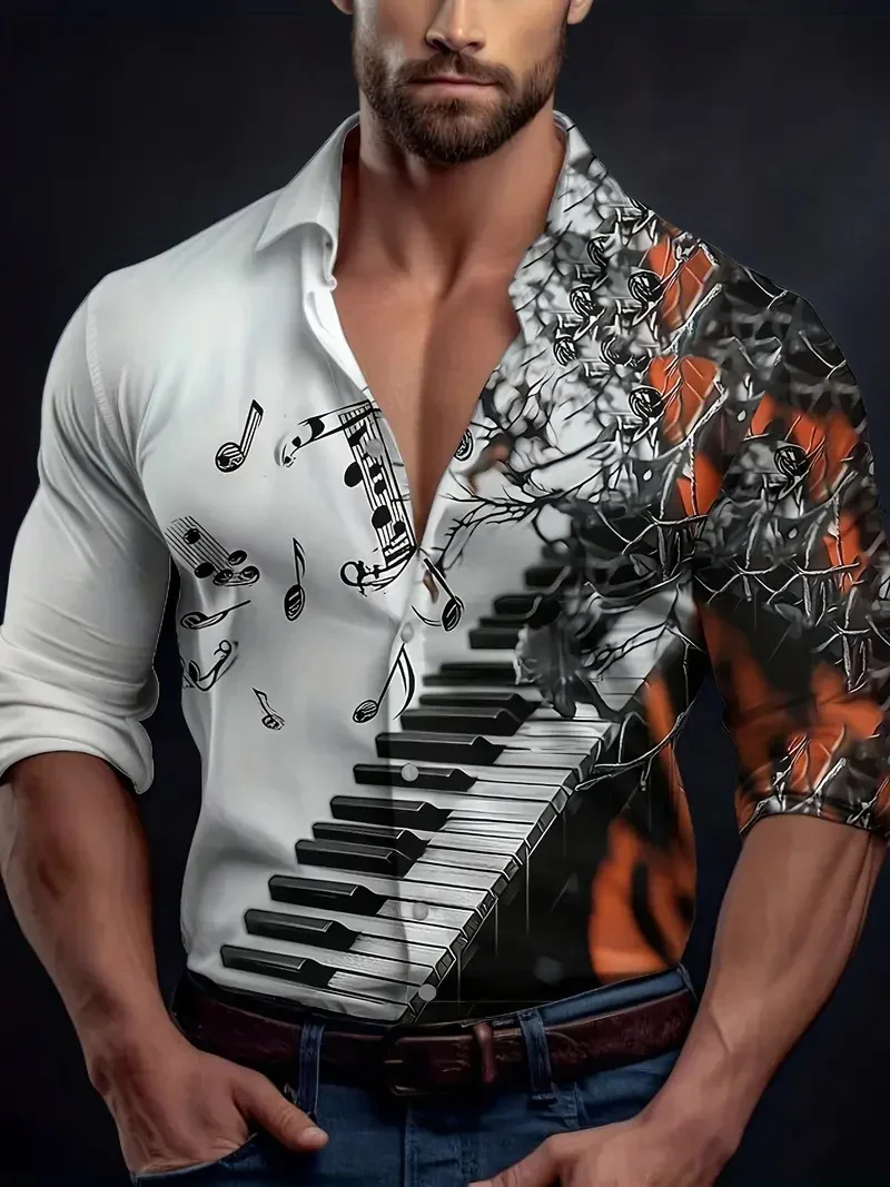 Men's French Curly GrassStriped Flip-over Beach Shirt Long Sleeve Hawaiian Holiday Costume Keyboard Pattern Summer Collection