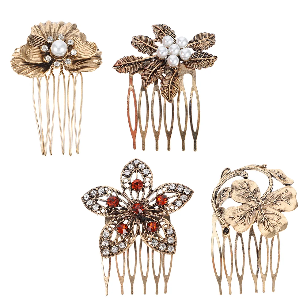 

4 Pcs Hairpin Pearl Headdress Women Comb Hairpins Bridal Accessories Combs Decors Zinc Alloy Leaf Women's