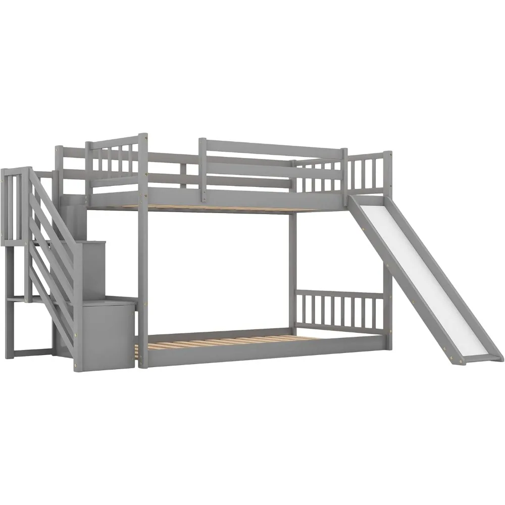 Tempat tidur susun rendah kembar atas dengan Slide konversi tempat tidur lantai montesori dengan tangga, abu-abu 92.8 inci P x 42.3 inci L x 50.6 inci T