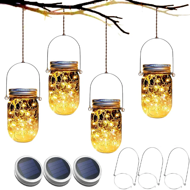 20 LED Solar Mason Jar Lights Waterproof Fairy Firefly Jar Lid with Handles Lights For Patio Garden Wedding Decoration (No Jar)