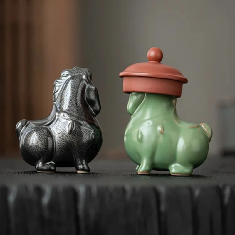 Ru Kiln Green Horse Tea Pet Celadon Ceramic Feng Shui Wealth Statue Good Luck Home Desk Decor Chinese Tea Gift view 5