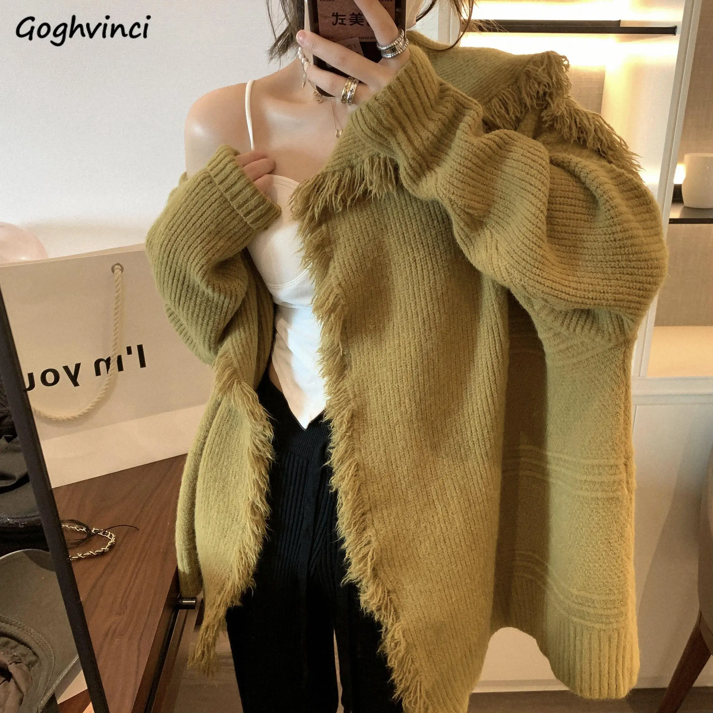 

Cardigans Women Solid Loose Long Sleeve Sweater Tassel Slouchy High Street Knitted Sweet Streetwear All-match Coats Outwear Ins