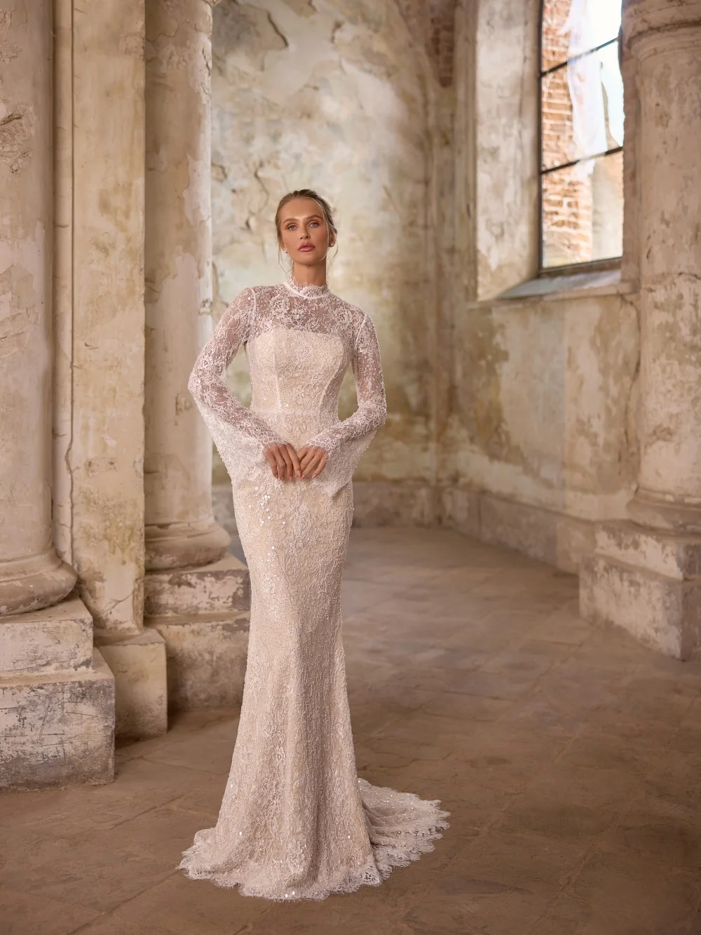 فستان زفاف دانتيل مطرز فخم ذيل قابل للانفصال حورية البحر فستان زفاف طويل مخصص فساتين متواضعة ذات ياقة عالية للعروس #4