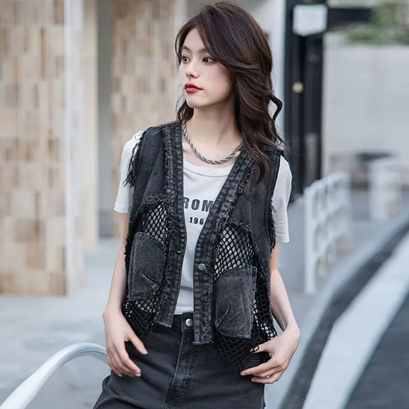 

2026 Spring and Autumn Female New Design Sense Unique Vest Stacking WearWomen Mesh Splicing Washed Hollow-out Denim Vest Jacket