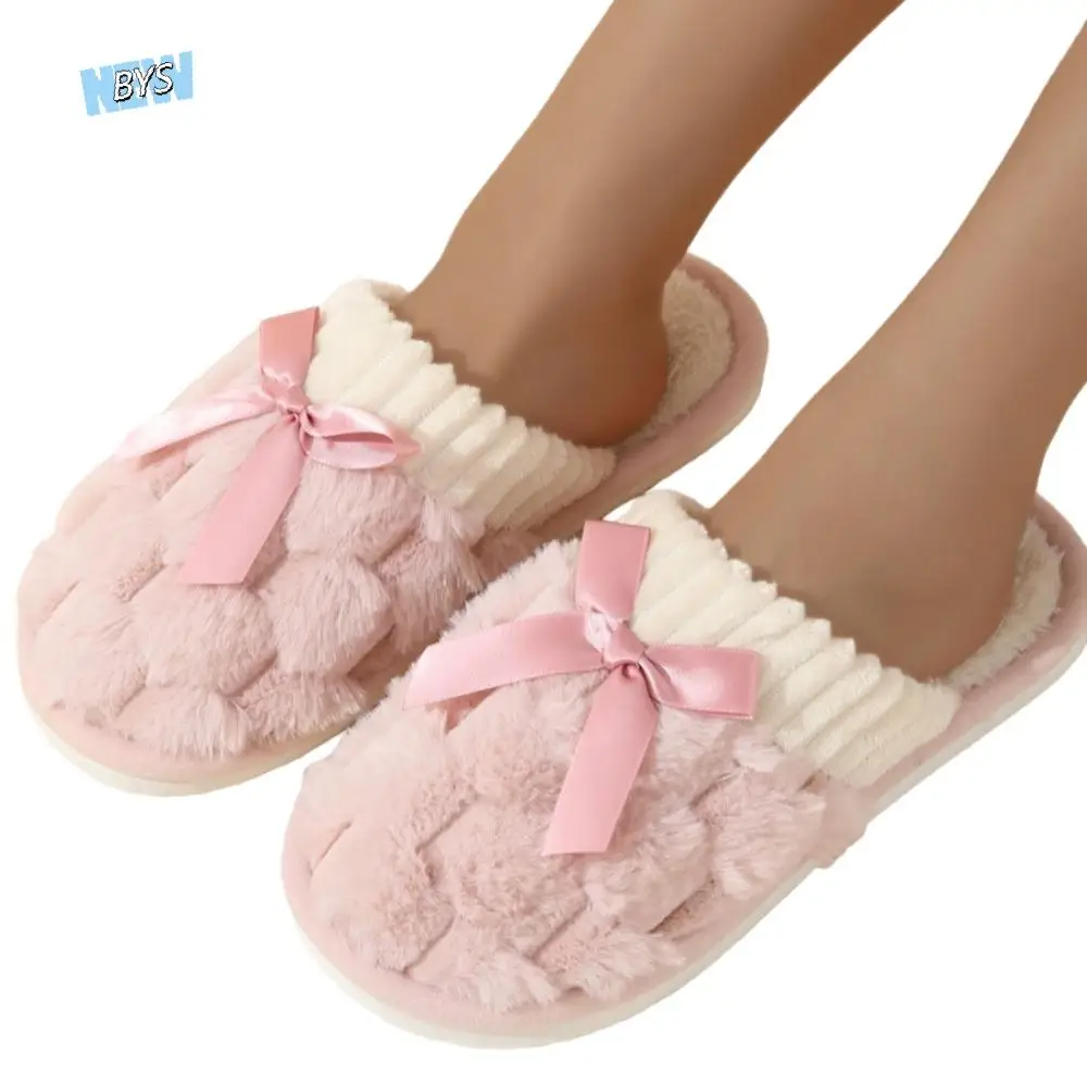 

Cute Plush Warm Fur Slippers Anti Slip Student Winter Warm Slippers Bedroom Home Fluffy Bow Slippers Couple