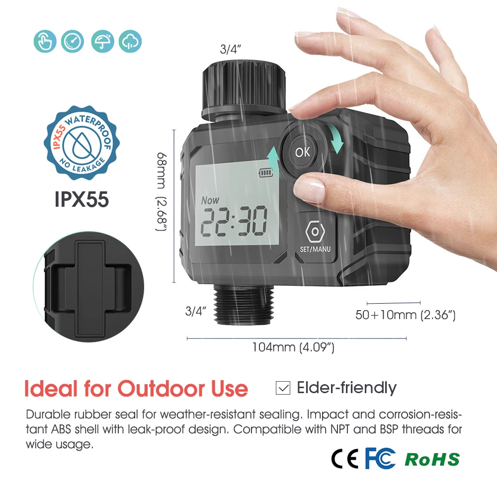 N203 LCD Water Timer with Rain Delay Programmable Garden Hose Timer 1-Min to 6-Hour Water Duration 1-23H and 1-7 Days Frequency