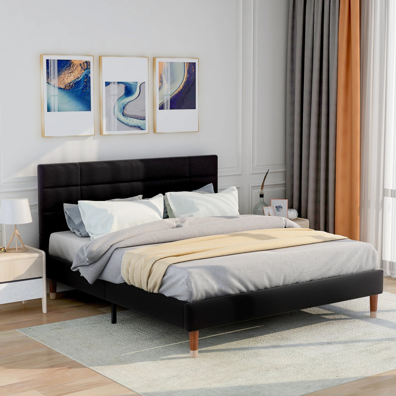 double bed with slatted box spring linen, padded bed frame with headboard, for adults and adolescents - 140x200 cm -black