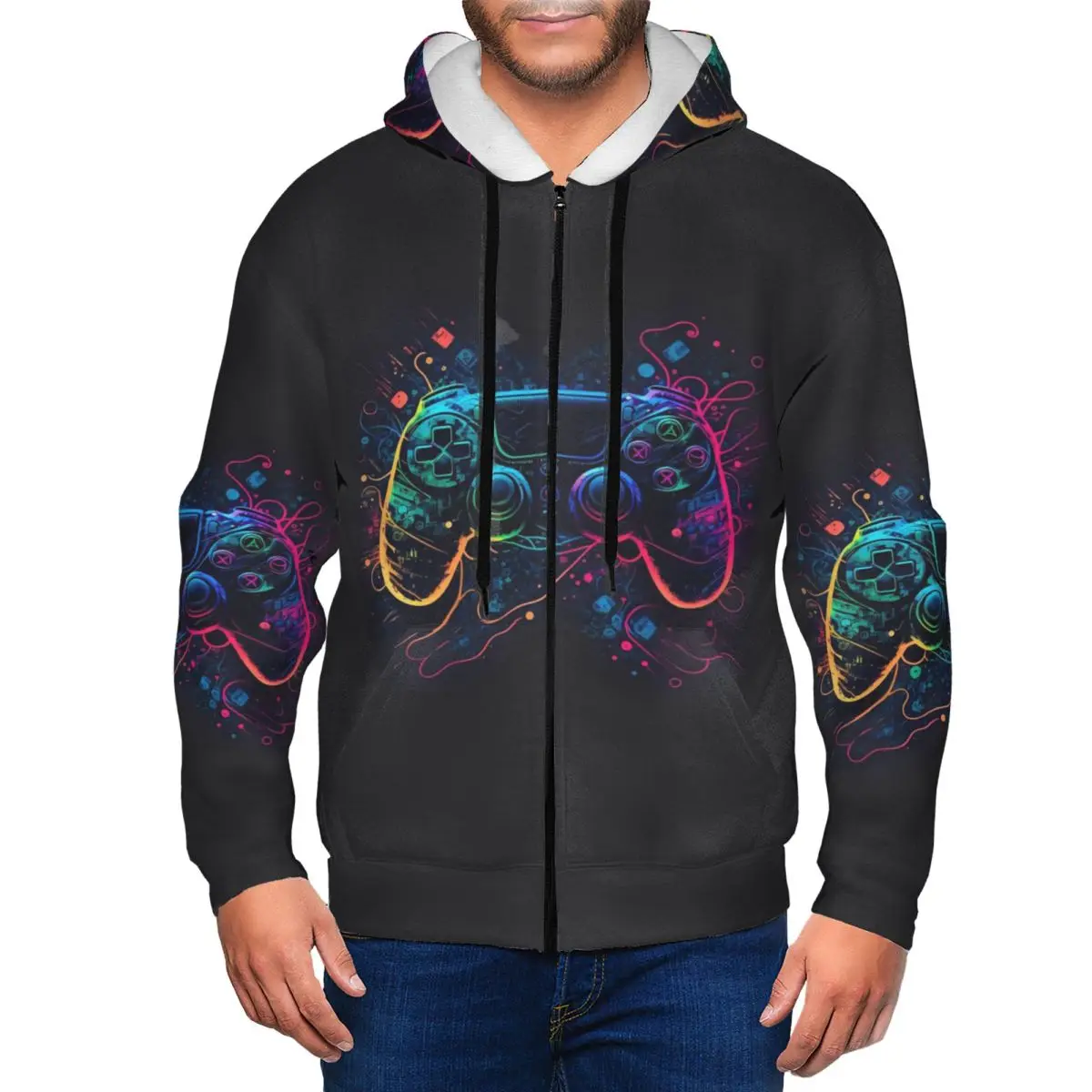 Neon Light Game Controller Gamepad Zipper Hoodies Hip Hop Pullover Autumn Winter Men's Women's Sweatshirt Long Sleeve Tops