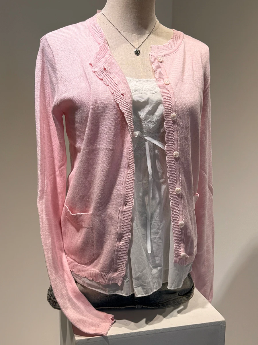 

Розовый милый карманный вязаный свитер, пальто, женский осенний кардиган с кружевной отделкой на шее и пуговицами, повседневный однотонный джемпер, топы, милый милый кардиган в консервативном стиле