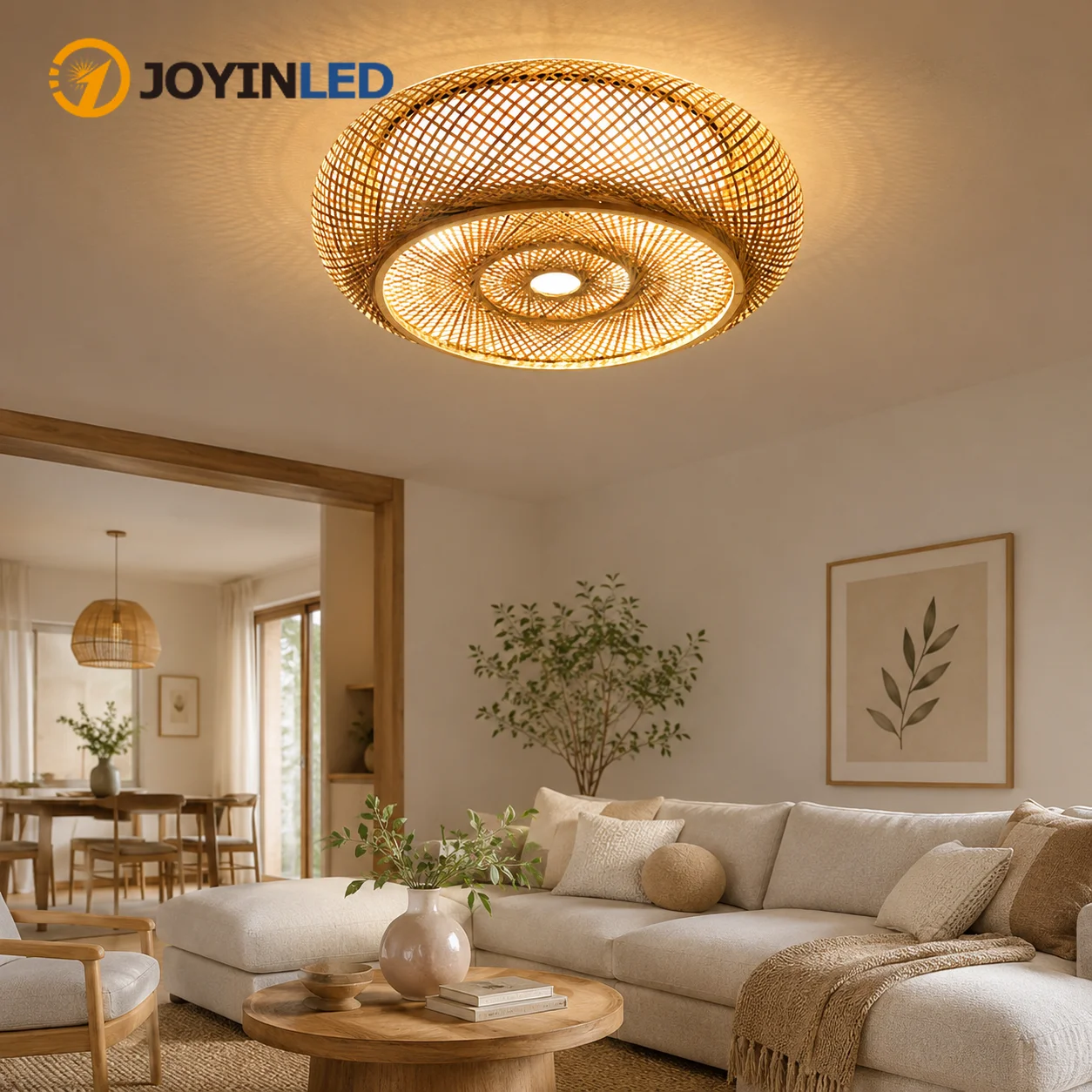JOYINLED Boho Bamboo Lamp Shade Hand-Woven Rattan Wicker Ceiling Lampshade Rustic Farmhouse Pendant Light Cover for Dining Room