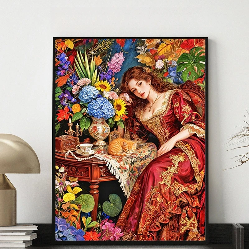 Diamond Painting Vintage Palace Style Noble Women with Orange Cat and Floral Scene Mosaic Handmade Artwork Gift Home Decor