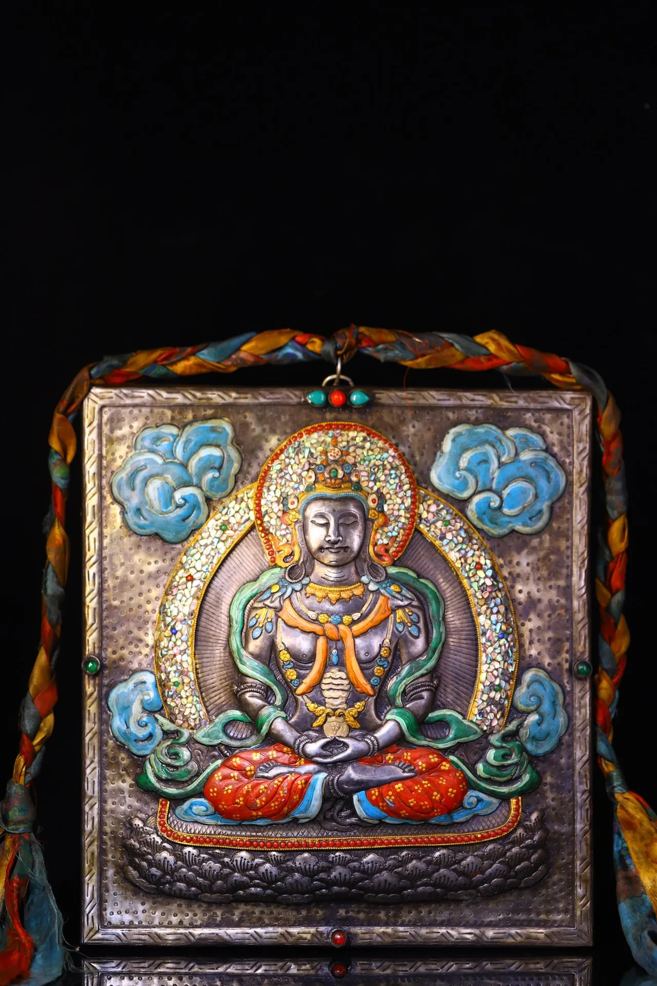 

16"Tibetan Temple Collection Old Tiantie Painted Cinnabar Mosaic Gem Shell Green Tara Sitting Buddha Tangka Worship Hall