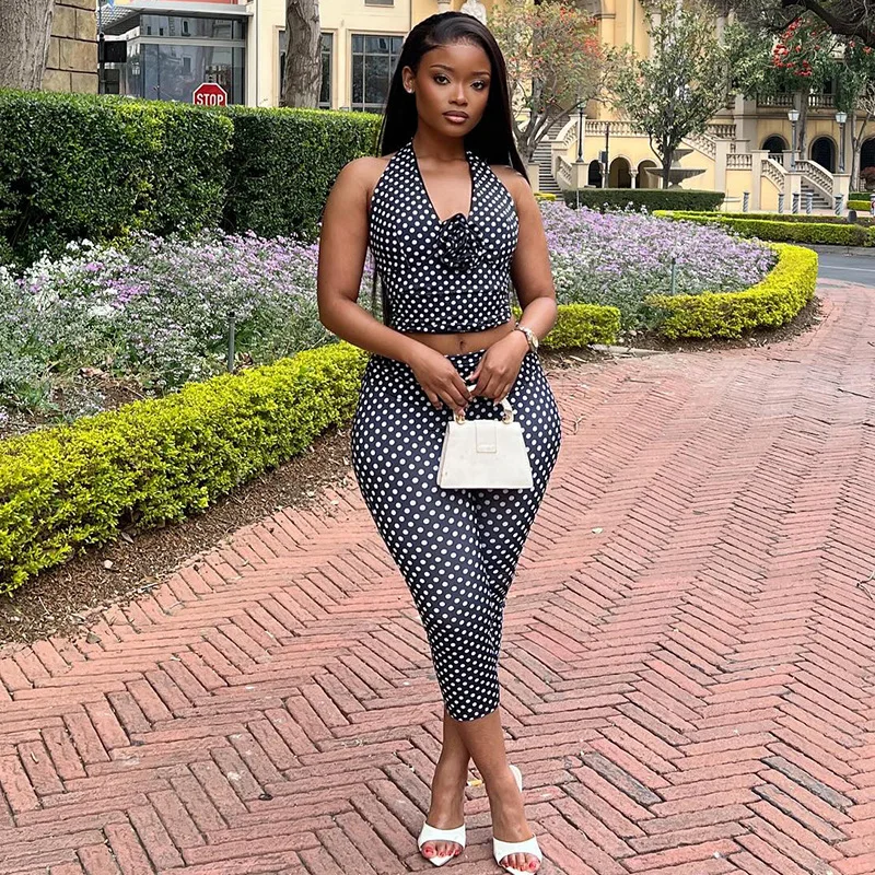 

Sporty Street-style Women's Clothing Polka Dot Print Pants Set With Halter Neck Top And Skinny Leggings Two-piece Set