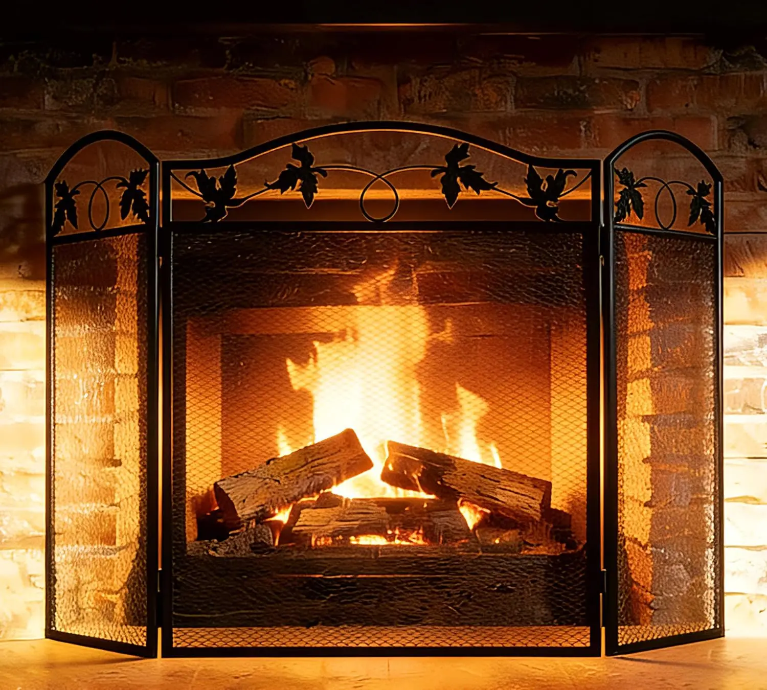 

3-Panel Foldable Black Steel Fireplace Screen Spark Guard Fe e,Leaf Design Screen Metal Decorative Mesh Cover